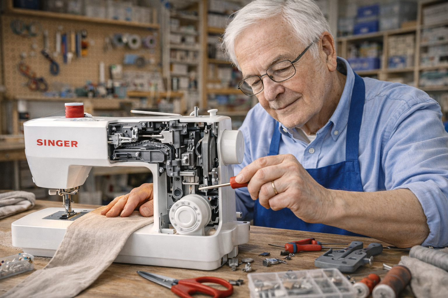 Atölyede Singer dikiş makinesi tamiri